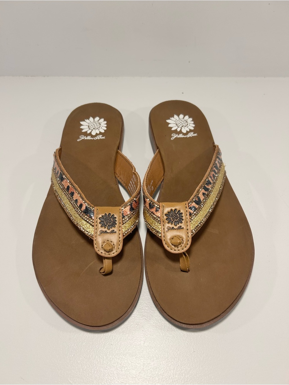 Yellow Box Embellished Boho Flip Flop Sandals Leopard Metallic Women’s Size 8